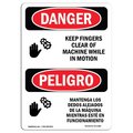 Signmission OSHA Sign, Keep Fingers Clear Of Machine Bilingual, 10in X 7in Decal, 7" W, 10" H, Spanish OS-DS-D-710-VS-1386
